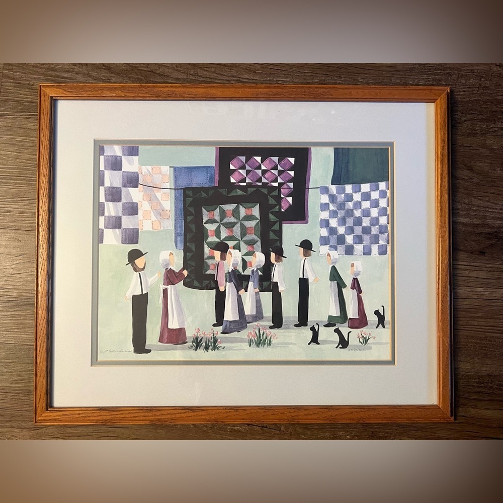 Framed Watercolor Art- Amish Quilting With Cats, Signed by Artist Miller 1994 - Picture 3 of 12